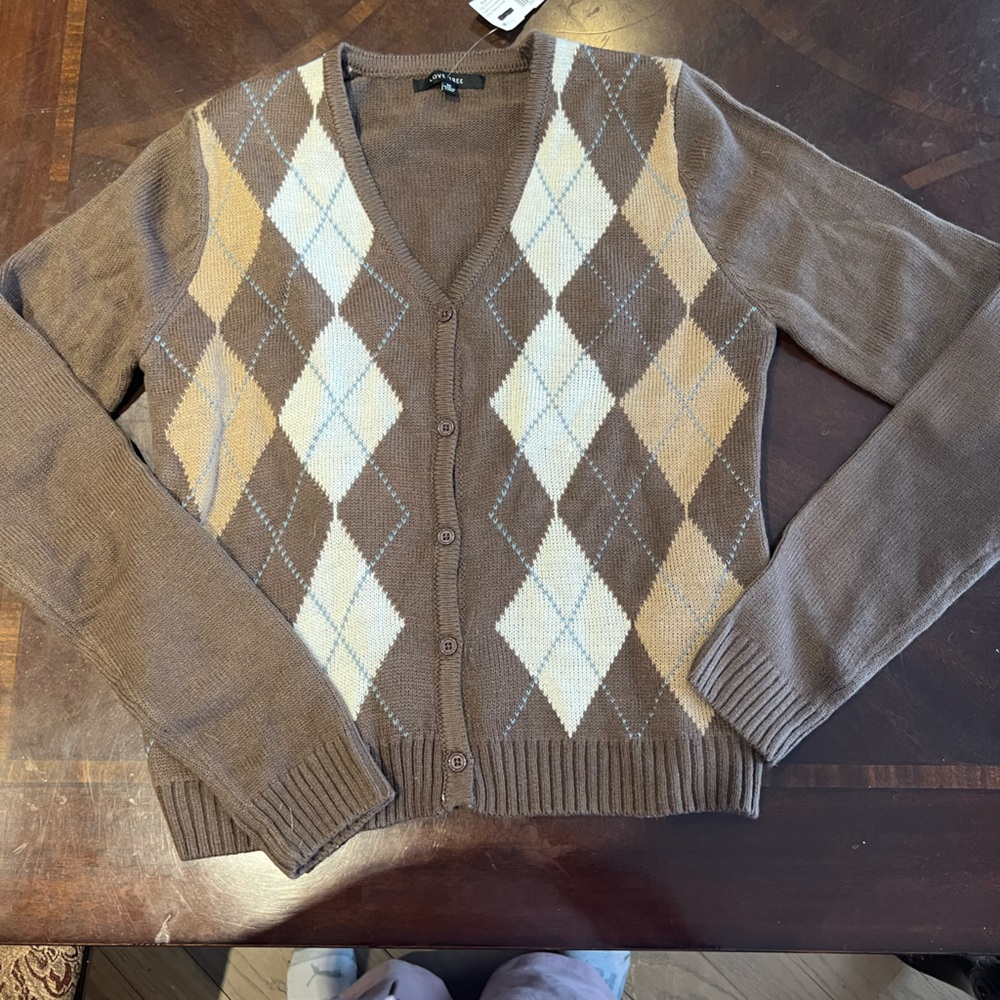 Love Tree Brown and Cream Argyle Cardigan